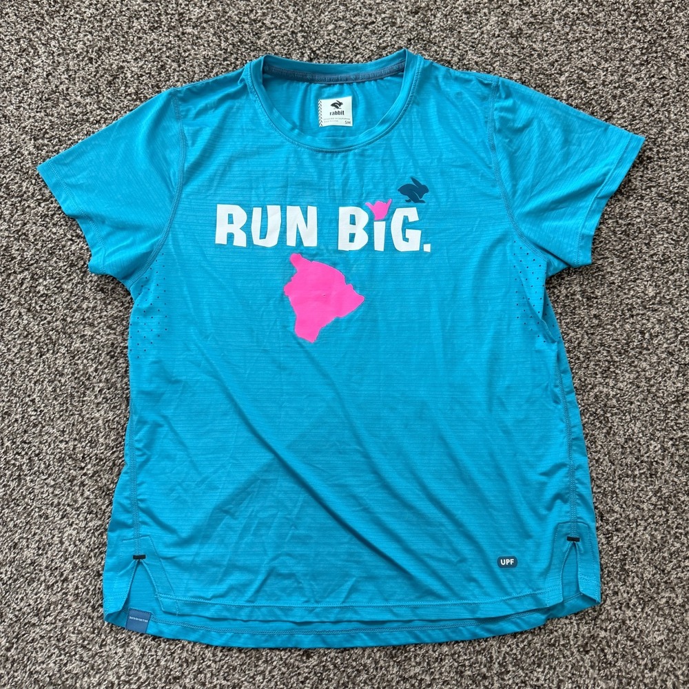 Rabbit Running Blue Short Sleeve Shirt Women's Size S Hawaii Big Island Kona